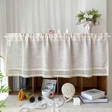 1pc Solid Color Linen-Like Opaque Short Curtain, With Crochet Lace Trim, Suitable For Kitchen Cabinet Small Windows, Farmhouse Style Lightweight Boho Window Decor - Beige - View 2