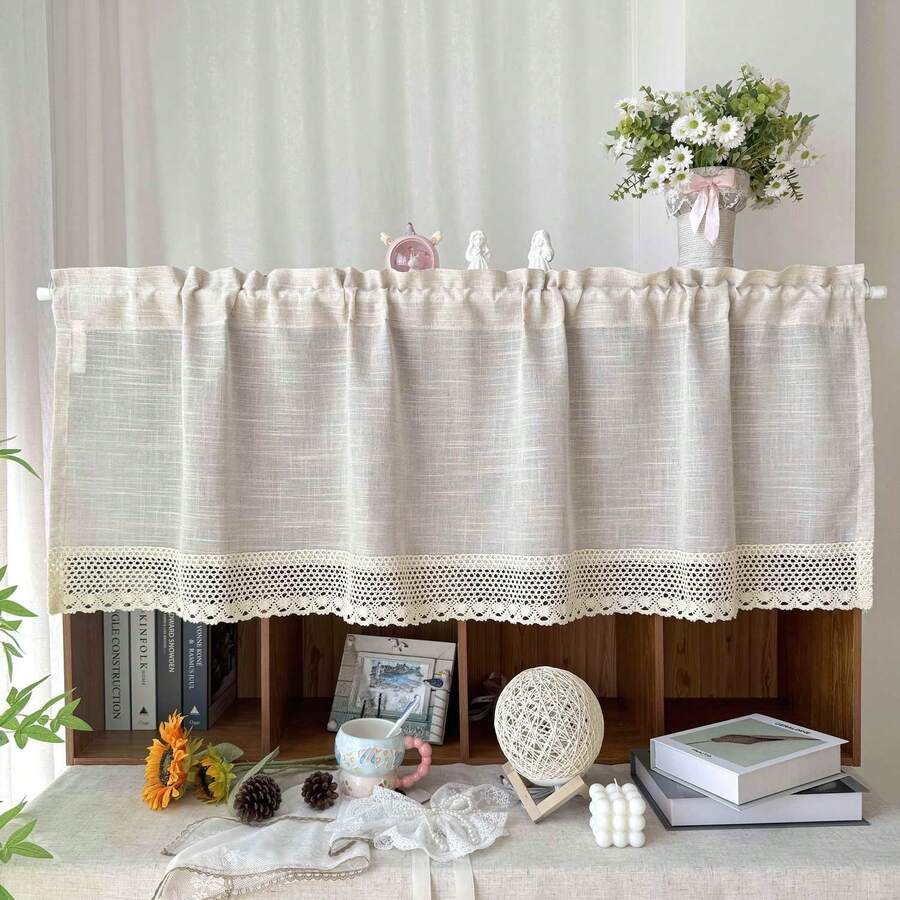 1pc Solid Color Linen-Like Opaque Short Curtain, With Crochet Lace Trim, Suitable For Kitchen Cabinet Small Windows, Farmhouse Style Lightweight Boho Window Decor