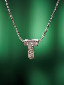 1pc Fashionable Bohemian Style Stainless Steel Necklace With 26 Cubic Zirconia Letter A-Z Pendants, Stainless Steel Snake Chain Jewelry, Suitable For Men And Women Everyday Wear - Silver - View 13