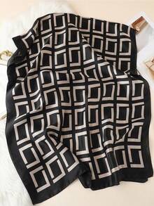 1pc Geometric Pattern Printed Elegant Faux Silk Scarf, Women Shawl Wrap For Beach, Vacation, Sunscreen, Fashion Versatile Headscarf - Black and White - View 3