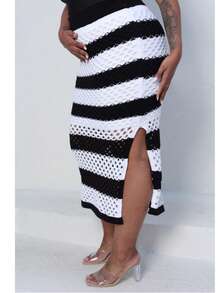 Plus Size Midi Skirt With Openwork Fabric In Modal Knit, Elegant, Casual - Black With White - View 6