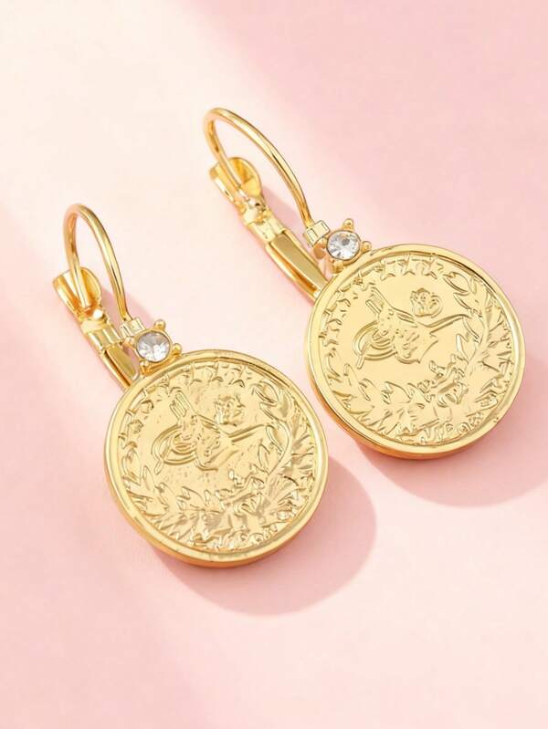 1 Paar klassische vintage Münzstil Metall runde goldtonfarbene Ohrringe mit Osmanischem Muster und Strass für Frauen, für den Nahen Osten, Alltag, Hochzeit, Party, Festival Schmuckzubehör