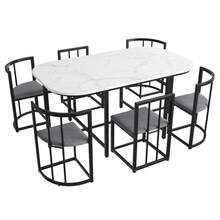 Six-Chair Dining Set: (White Table, Chairs With Backrests And Gray Upholstery, Black Iron Frame), Dining Room Table And Chair Set, Modern Dining Table Combination - Black + MDF - View 6