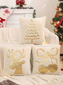 1 pieza/2 piezas Funda de cojín decorativo navideño, bordado de lentejuelas doradas de cereza navideña, decoración rústica para sala de estar y dormitorio, regalo navideño
