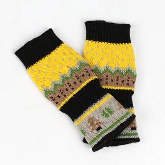 Knitted Vintage Geometric Pattern Half Finger Gloves, Warm For Office, Study, Christmas Season With Holiday Vibe, Autumn/Winter Christmas Gift Thermal Warm Winter