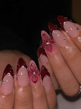 24 件优雅复古棕红色渐变杏仁形假指甲，3D 花卉水晶设计指甲贴，适合日常、通勤、约会、情人节、周年纪念日（附果冻凝胶和指甲锉）