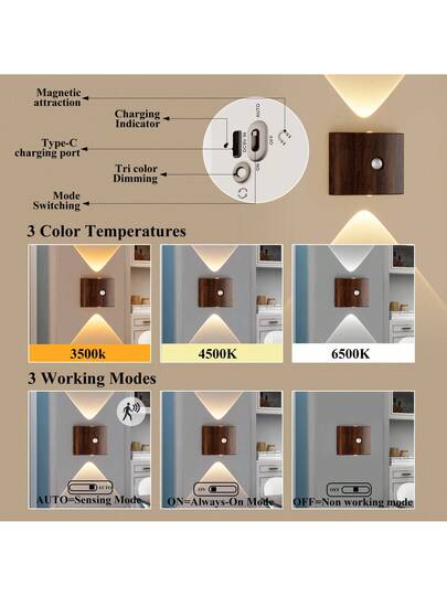 LED Slimme Sensor Night Light, Indoor Motion Wand Lamp, Wireless Battery Powered, Adhesive Rotatable, Portable, Easy To Install, Adjustable Temperature Brightness view 10