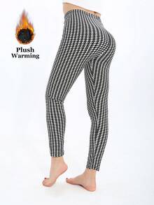 Colanți pentru femei, cu căptușeală termică, alb-negru, la modă europeană și americană, casual, minimalist, elegant, cu elasticitate ridicată, călduroși, strâmți, cu imprimeu Houndstooth, potriviți pentru acasă, antrenament, yoga, fitness, plimbări în aer liber, petrecere, cadou, toamnă/iarnă - alb - Vizualizare 5