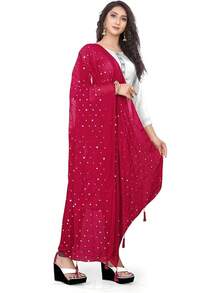 Themilestocks Woman's Embroidered Chiffon Dupatta Scarf Shawl Wrap Soft  Bridal Weddinghalloween - 深粉紅色 - 查看 7