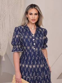 Elegant Women's Dress Simple Embroidery Button Women's All - 雙色海軍藍 - 查看 2