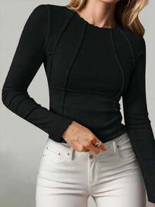 This Unique Long-Sleeve Women's Top Features A Ribbed Knit Round Neck, A Fitted Silhouette That Flatters The Figure, And A Cropped Waistline Design With A Youthful, Sexy Vibe. Versatile And Practical, It's Suitable For Spring And Summer Wear, And Can Be Layered. An Essential Item For Valentine's Day. - 14 Black - View 4