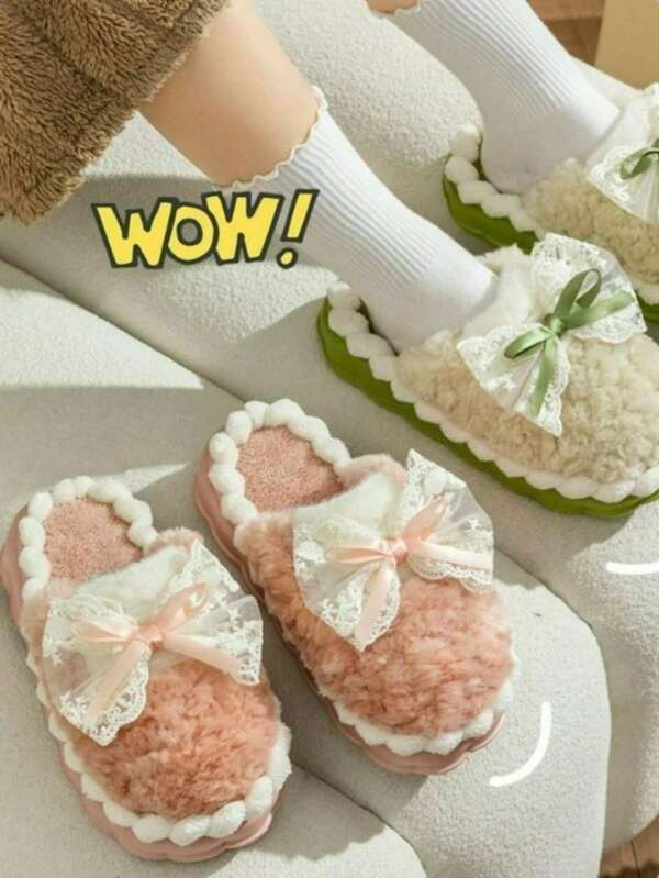 Women's Bow Decor Plush Lined Slippers, Thick Sole Indoor Warm Non-Slip House Shoes