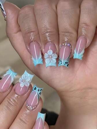 24pcs INS Press-On Nails, Leopard Ombre, Floral Rhinestone Striped Artificial Nails, Daily, Commute, Date, Valentine's Day, Anniversary Manicure Supplies (Includes Jelly Gel And Nail File)