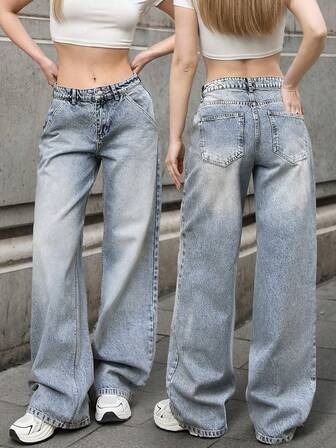 Teens/Young Women's Y2K Loose Straight Leg Jeans, Fashionable Casual Retro Solid Color Washed Denim Pants, Versatile For Daily, Back To School, All Seasons