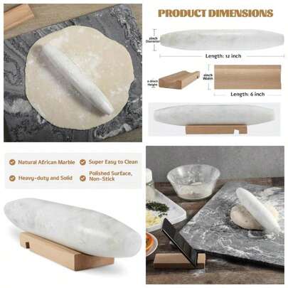 - Rodillo francs de mrmol africano de 12 pulgadas, antiadherente, para hornear, pasta, albndiga, fondant, tarta, pan, pizza