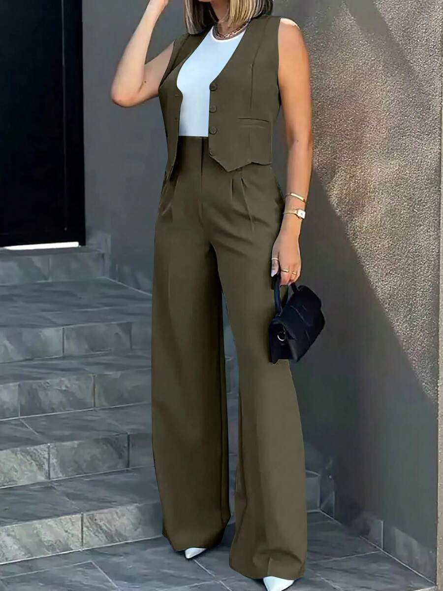 Trousers Suit Women's Vest Trousers Suit Elegant Loose Regular Work Suit High Waist Wide-Leg Trousers 2-Piece Street Suit - 軍綠色 - 查看 1