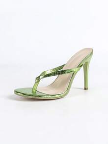 女士时尚高跟凉鞋，金属 PU 皮革压花材质，T 型带，露趾，露跟，经典方头，人字拖，镀金鞋跟，细跟，夏季户外风格，常规款式，女士金色凉鞋，高跟拖鞋，金属风格，性感，派对 - 薄荷綠 - 查看 14