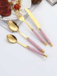 4-24pcs Marble Pattern Handle Knife Fork Spoon Set, Stainless Steel Western Cutlery Set, Steak Knife Fork Spoon Dessert Spoon Tableware Set