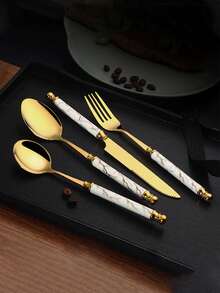 4-24pcs Marble Pattern Handle Knife Fork Spoon Set, Stainless Steel Western Cutlery Set, Steak Knife Fork Spoon Dessert Spoon Tableware Set