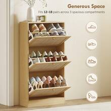 HOMCOM Boho Rattan Shoe Cabinet With 3 Flip Drawers And Adjustable Shelves, Narrow Shoe Storage Cabinet, Holds 18 Pairs For Entryway, Hallway, Oak - Khaki - View 5