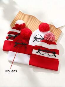 1pc Autumn/Winter Simple Color Block Knit Beanie Hat, Unisex Casual Versatile Christmas Knit Hat With Decorative Glasses