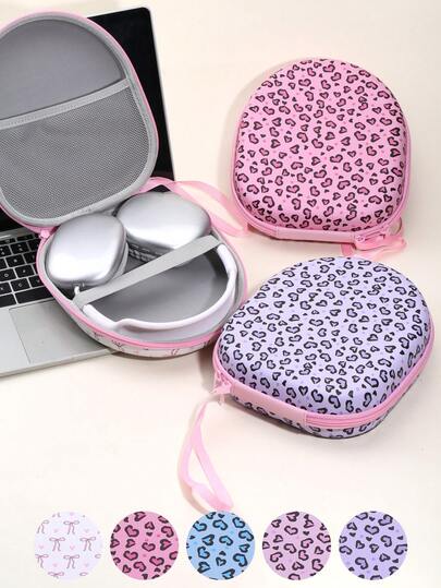 Estojo de armazenamento e capa protetora para fones de ouvido com estampa de leopardo e laço em forma de coração, caixa de armazenamento rígida com forro macio e bolso de malha, compatível com fones de ouvido Max, estojo de viagem portátil