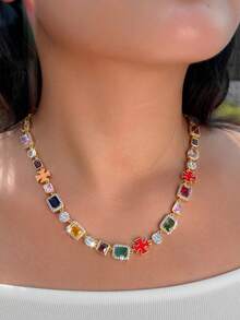 1 件精美多色方晶锆石珐琅十字架镀金链条项链女士奢华方晶锆石珠宝 - multi shape - 查看 3