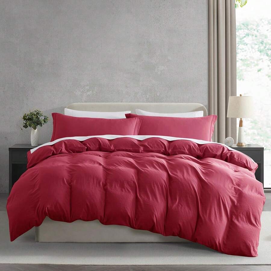 Soft Prewashed California King Duvet Cover Set, 3 Piece, Zipper Closure, 104x98 Inches Duvet Cover And 2 Pillow Shams - No Comforter,  In 2025 - 勃根地紅(無被子) - 查看 1