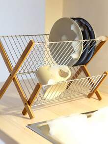 Rejilla de bambú de 2 niveles con forma de X, multifuncional, plegable, ahorra espacio, de acero inoxidable, de gran capacidad, para cocina, cuencos, platos, soporte, natural