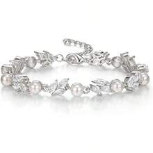 Crysdue Wedding Bridal Link Bracelet Brides Bridesmaids, Marquise Cubic Zirconia Tennis Bracelets Women Prom Jewelry - E_珍珠+立方氧化鋯,銀色 6.3-7.87 英寸 - 查看 1