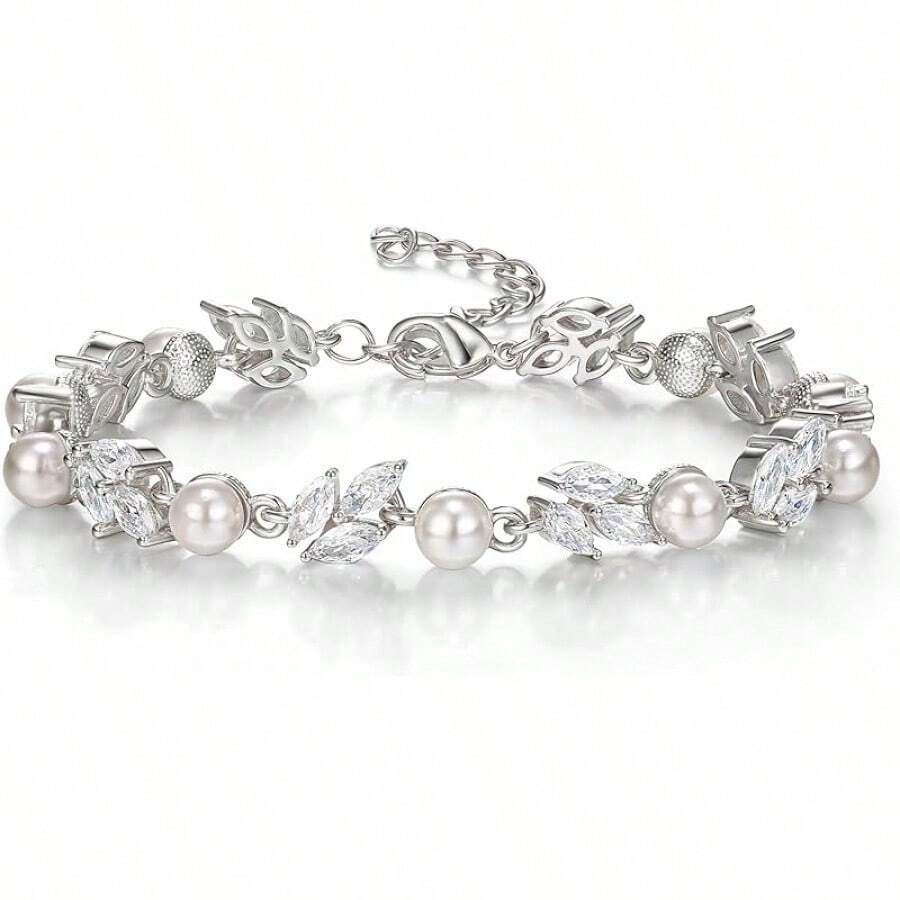 Crysdue Wedding Bridal Link Bracelet Brides Bridesmaids, Marquise Cubic Zirconia Tennis Bracelets Women Prom Jewelry - E_珍珠+立方氧化鋯,銀色 6.3-7.87 英寸 - 查看 1