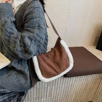 Wool Matte Large-Capacity Fashion Hand-Held Shoulder Bag Contrast Crossbody Tote Bag