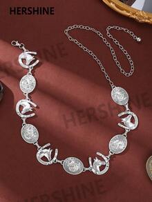 Hershine 1 szt. damski pasek vintage w stylu kowbojskim/kowbojki w stylu western, z trójwymiarową dekoracją głowy byka i konia, turkusowa intarsja w talii, uniwersalny łańcuszek, odpowiedni do swetrów, na plażę, na jesienne przyjęcia, do codziennego użytku, na Halloween, na lato, do szkoły, na jesień