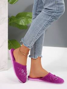 1 Đôi dép đi trong nhà mũi tròn họa tiết hoa đính cườm thủ công dành cho nữ, dép đi trong nhà nhẹ và thoải mái, có màu đen, hồng và nhiều màu khác, cỡ lớn - Hồng - Xem 7