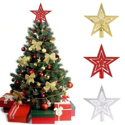 1pc Shiny Electroplated Five-Pointed Star Christmas Tree Topper Decoration, Christmas Tree Decor Accessory, Christmas Party Decoration