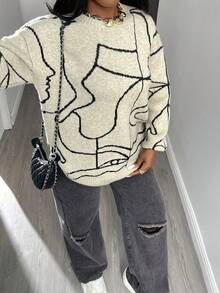 Mejors Damen lässiger, süßer, locker gestrickter Rundhals-Pullover mit Aufdruck, ideal für die Rückkehr zur Schule, Herbst/Winter - Aprikosenfarben - Übersicht 3