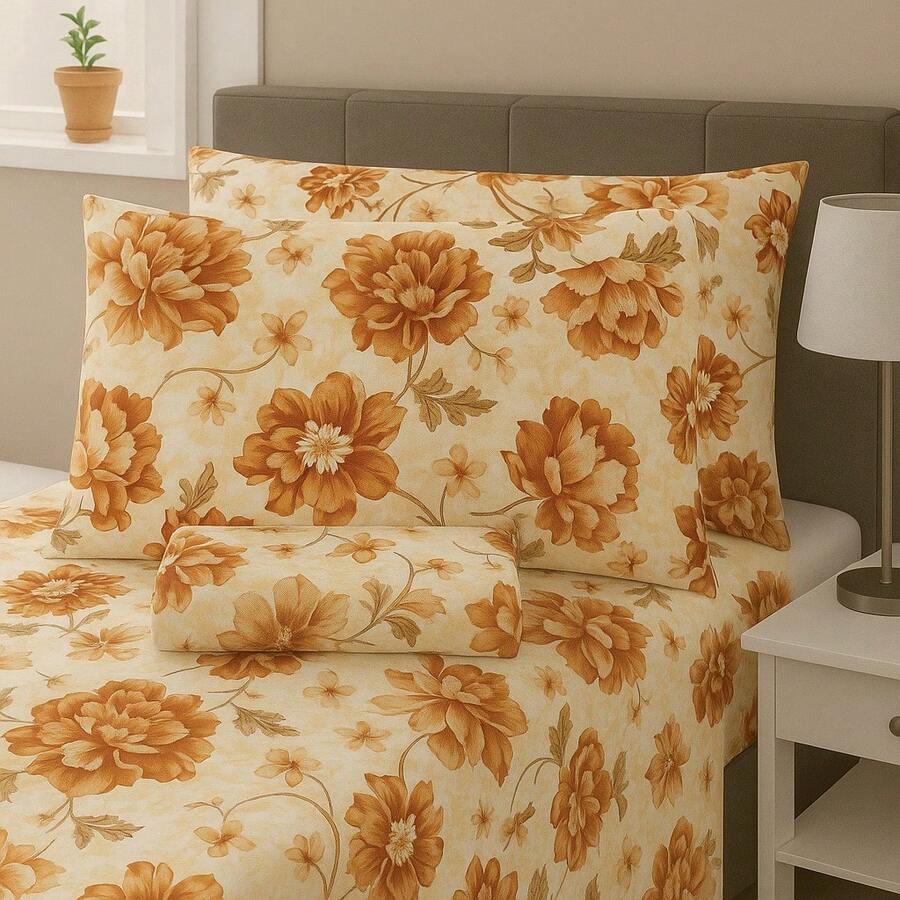 Double Sheet Set With Elastic, 3 Pieces, 100% Cotton, Pillowcase With Stick Stitch Detail, Printed Bed Linens - Floral Terracotta - View 1