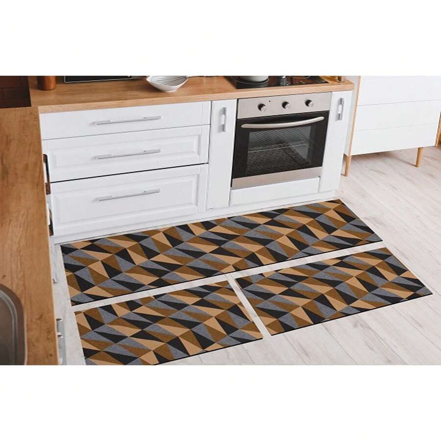 3-Piece Decorative Non-Slip Kitchen Runner Set - 鏽棕色 - 查看 1
