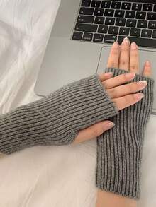 Women's Plush Half Finger Gloves, Warm Fingerless Knitted Mittens, Suitable For Writing & Outdoor, Autumn/Winter,School - A - View 12