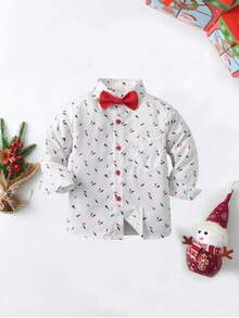 BOARNSEORL Bộ 2 bộ trang phục quý ông cho bé trai, áo sơ mi dài tay in họa tiết ngẫu nhiên có nơ và quần yếm, thời trang cho tiệc sinh nhật, kỷ niệm, giáng sinh - Đỏ - Xem 7