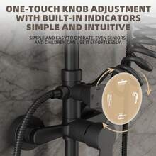 黑色圆形淋浴系统套装，包含顶部雨淋式花洒、壁挂式手持花洒和浴缸龙头，浴室配件，浴室工具