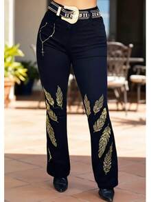 Women's Luxury Country Flare Jeans Rodeo Feathers West High Waisted Lycra Pants - Lông vũ sang trọng - Đen - Xem 1