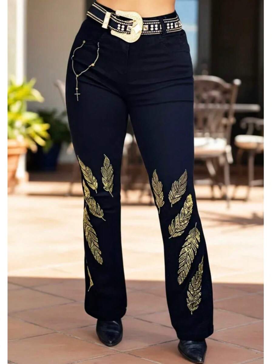 Women's Luxury Country Flare Jeans Rodeo Feathers West High Waisted Lycra Pants - Lông vũ sang trọng - Đen - Xem 1