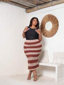 Plus Size Midi Skirt With Openwork Fabric In Modal Knit, Elegant, Casual - Beige With Brown - View 5