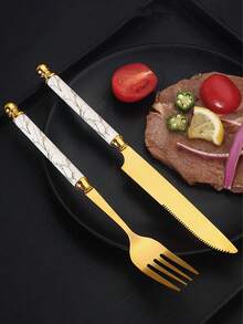 4-24pcs Marble Pattern Handle Knife Fork Spoon Set, Stainless Steel Western Cutlery Set, Steak Knife Fork Spoon Dessert Spoon Tableware Set