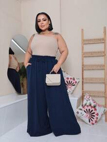 Maxi Pantalona Plus Size Without Slit Duna Fabric Elastic Waist - Navy Blue - View 1