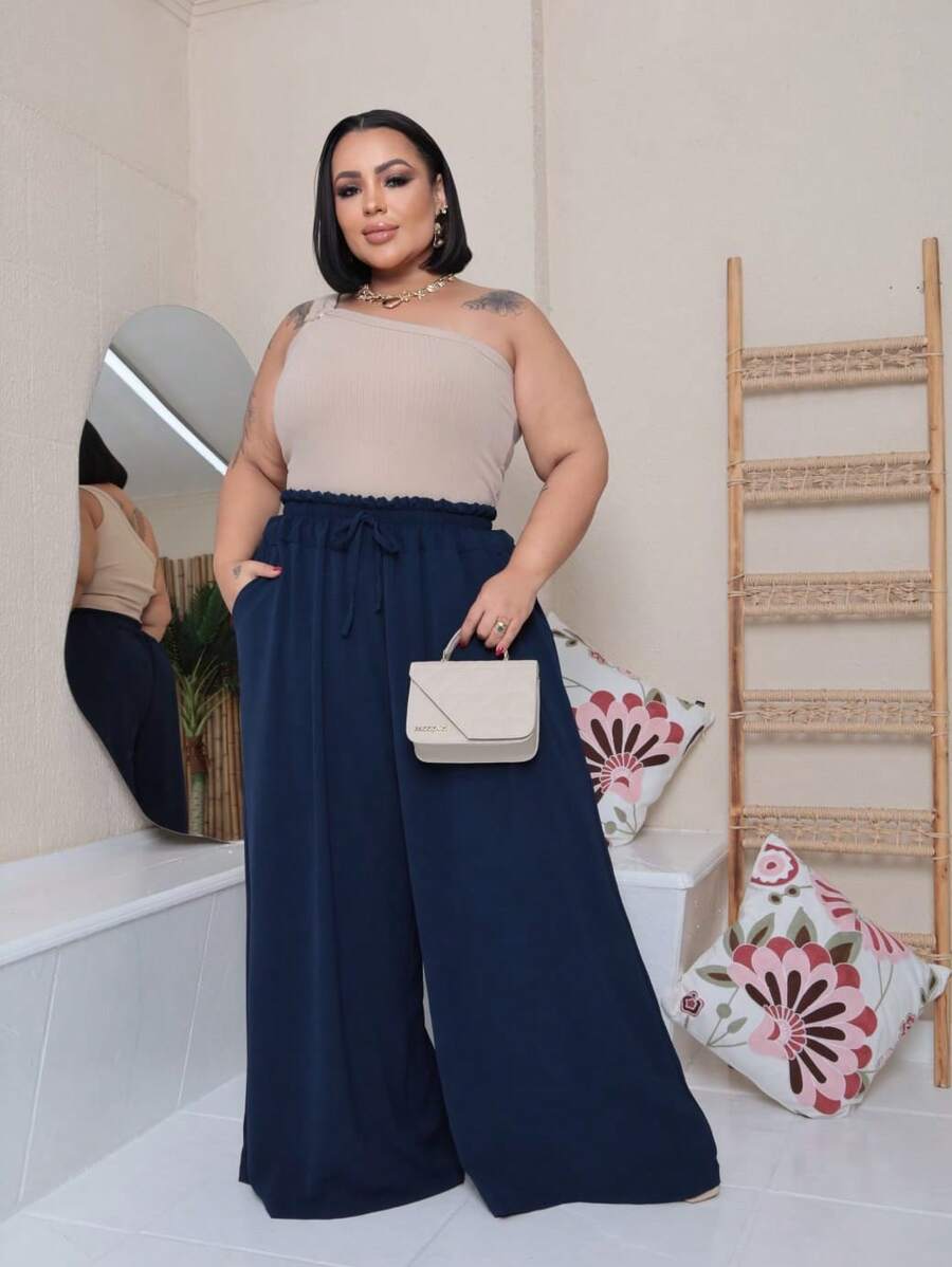 Maxi Pantalona Plus Size Without Slit Duna Fabric Elastic Waist - Navy Blue - View 1