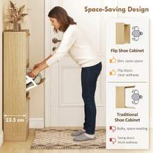 HOMCOM Boho Rattan Shoe Cabinet With 3 Flip Drawers And Adjustable Shelves, Narrow Shoe Storage Cabinet, Holds 18 Pairs For Entryway, Hallway, Oak - Khaki - View 4