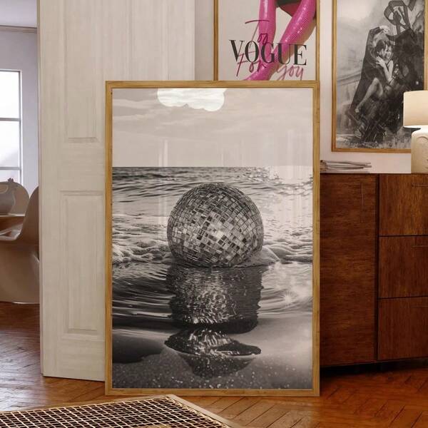 1pc 1PC Disco Ball Reflective Canvas Art Print | Black And White Monochrome Beach Scene | Frameless Wall Decoration In Bedroom, Living Room, Kitchen, And Bathroom | Modern Classic Style | Retro 70s Party Theme | Indoor And Outdoor Use, Bathroom Decoration