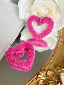 1pair Plushy Oversized Heart Shaped Dangle Earrings In Rose Red Color, Autumn Winter Style Valentines - Màu Hồng Tươi - Xem 2